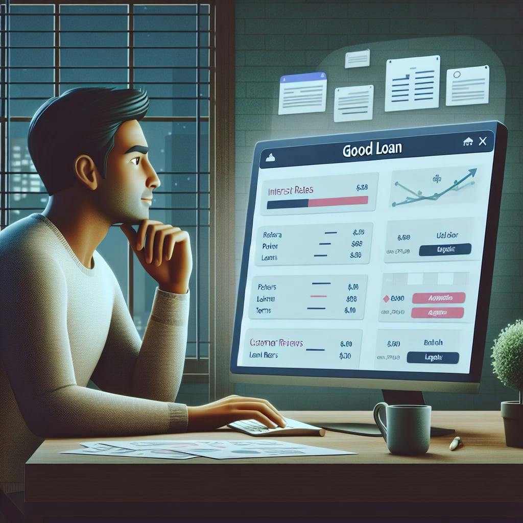 An image that depicts the theme 'Good Loan - How to Choose the Right Provider?'. It shows a person of South Asian descent evaluating various loan options on a computer. The user interface on the screen highlights different factors in separate boxes: interest rates, loan terms, customer reviews. The person shows a thoughtful expression, perhaps comparing and considering the options. There's also a chart paper nearby with sketches of various financial strategies on it. The room is softly lit with a comforting and serious atmosphere. Their desk is neat with a cup of coffee and a small indoor plant.