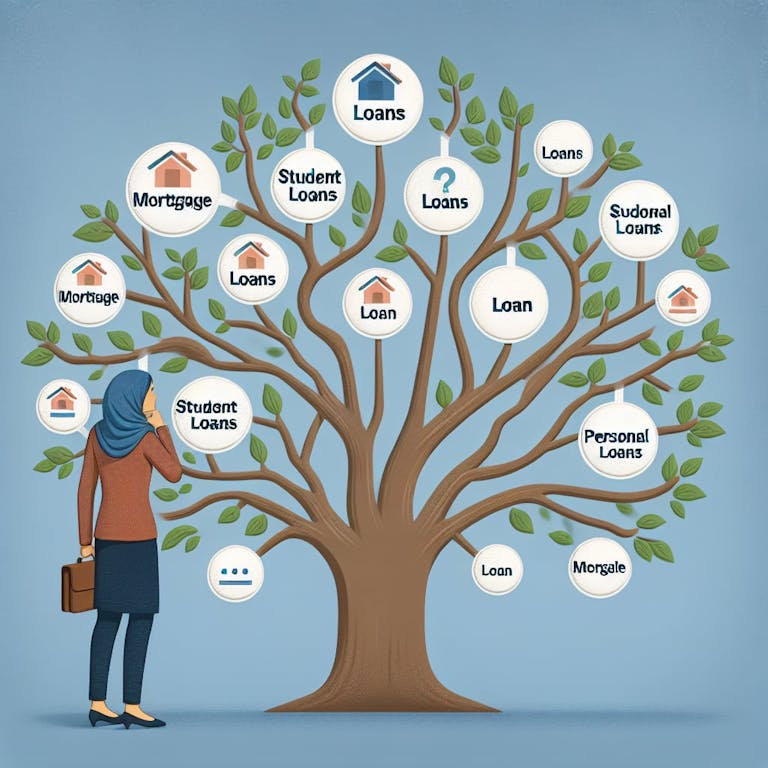 An overview of various types of loans: a financial options review. Display the concept metaphorically with a tree whose branches depict different types of loans like mortgages, student loans, personal loans, etc., a person of Middle-Eastern descent, female, examining the tree and pondering over her choices.